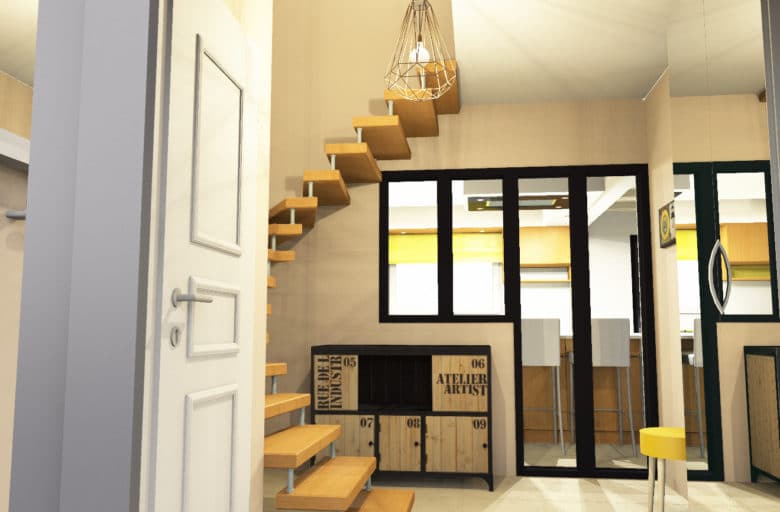 Rendu 3D réaliste du hall d'entrée ouvert sur la cuisine pour une verrière de type industriel