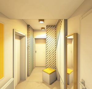 Hall d'entrée avec la porte du claustra ajouré ouverte près l'aménagement intérieur graphique en image réaliste 3D